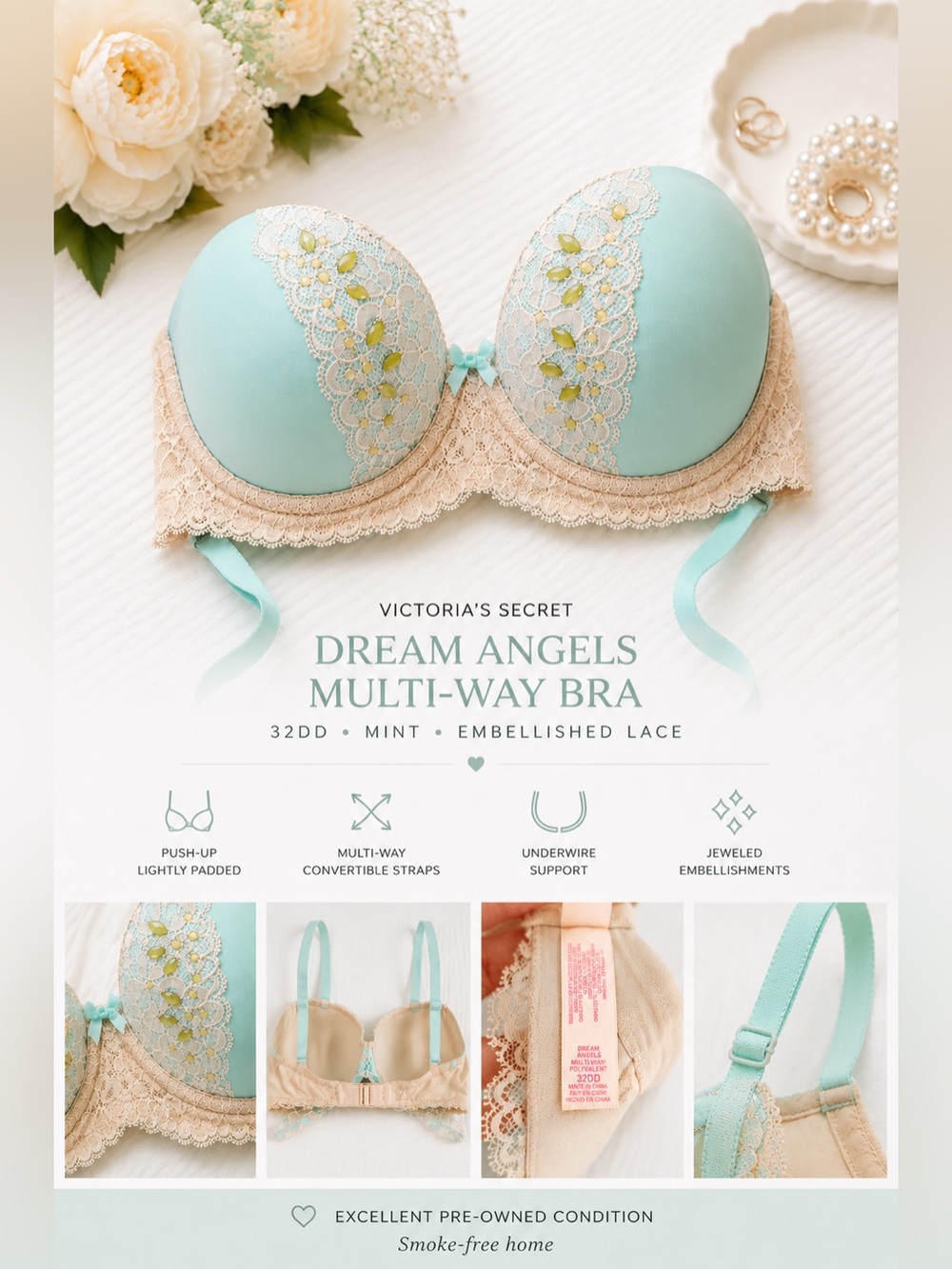 Victoria’s Secret Dream Angels Multi-Way Bra 32DD Mint Embellished Lace